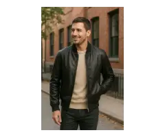 Men s Classic Black Leather Bomber Jacket