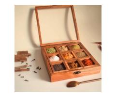 Acacia Wooden Masala Box Elegant Spice Organizer for Every Kitchen
