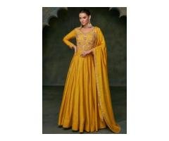 Buy Mustard Embroidered Silk Anarkali Dress With Dupatta